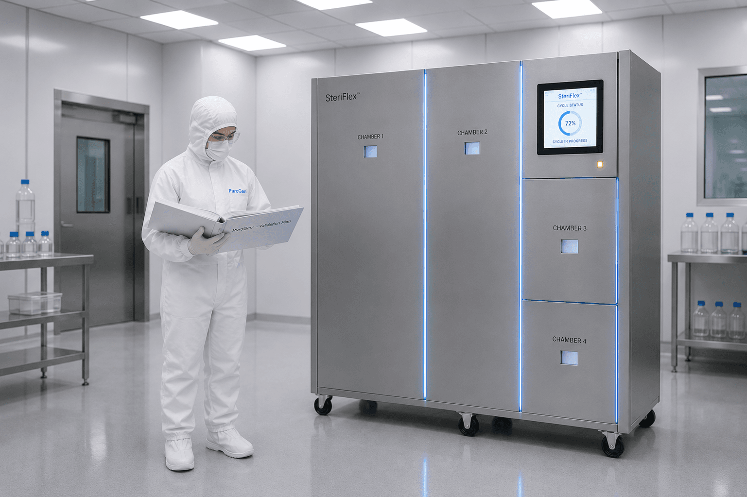 Cleanroom operator reviewing the PuroGen Validation Plan beside a SteriFlex™ multi-chamber VHP sterilization system with an active cycle in progress