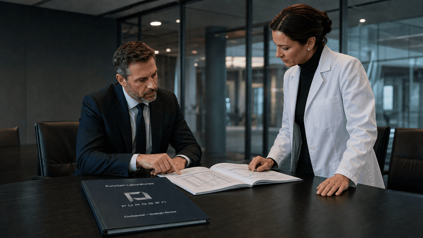 PuroGen scientist and executive reviewing technical documentation in a boardroom — strategic collaboration in practice