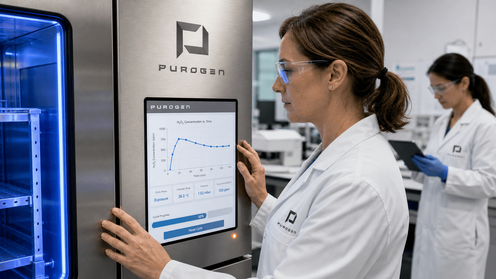 PuroGen process engineer at the control panel of a vaporized hydrogen peroxide sterilization chamber