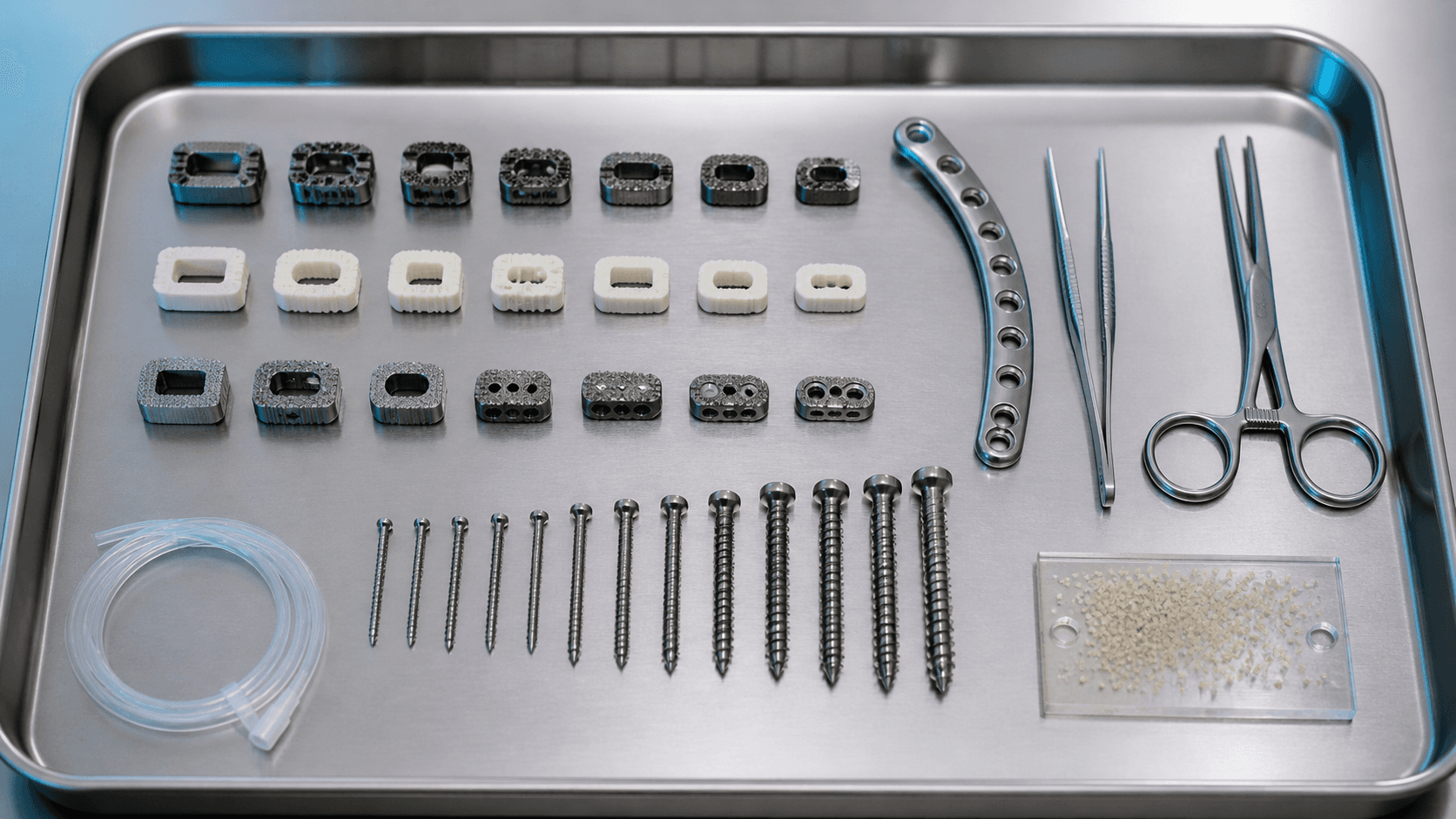 Orthopedic implants, spinal cages, bone screws, and surgical instruments arranged for VHP sterilization