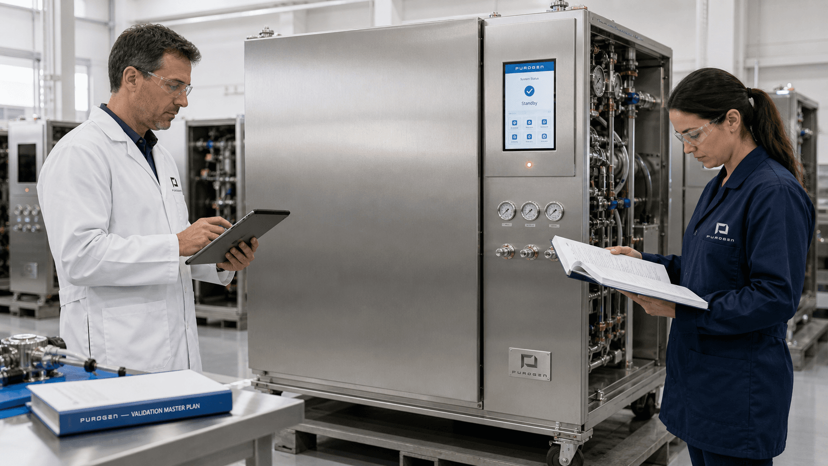 PuroGen engineers performing factory acceptance testing on a freshly assembled VHP sterilization chamber prepared for partner branding