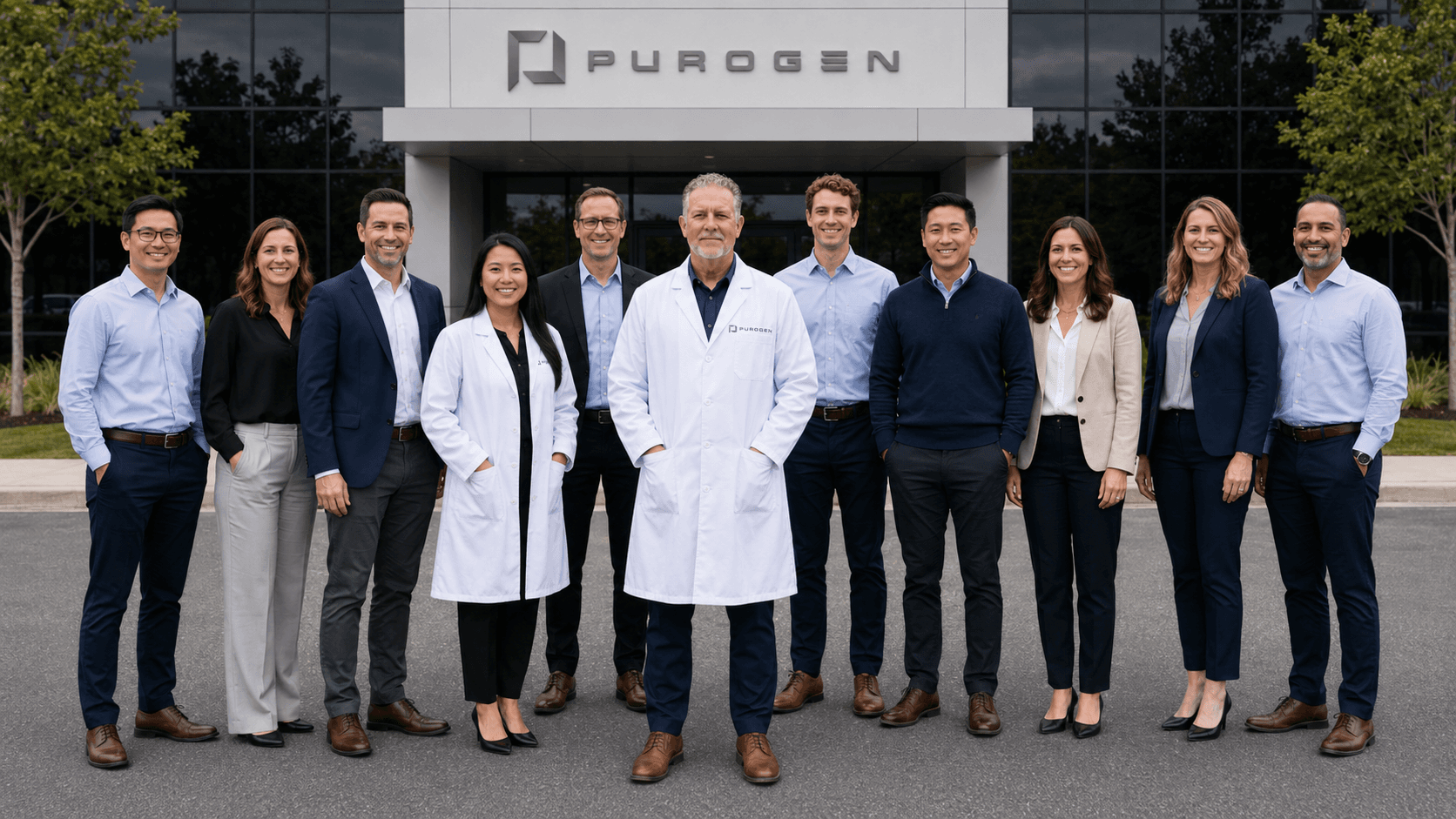 PuroGen team outside the company facility